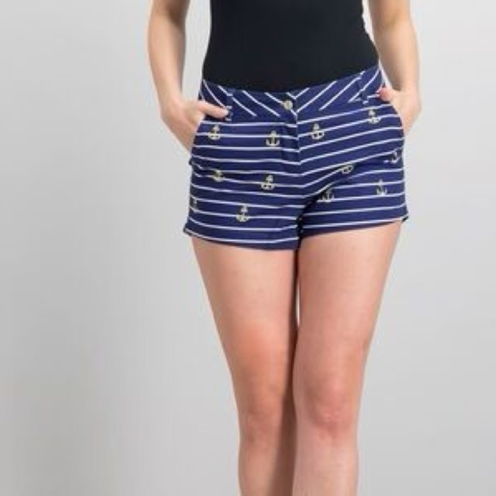 Macbeth collection navy with white stripe and gold anchor shorts